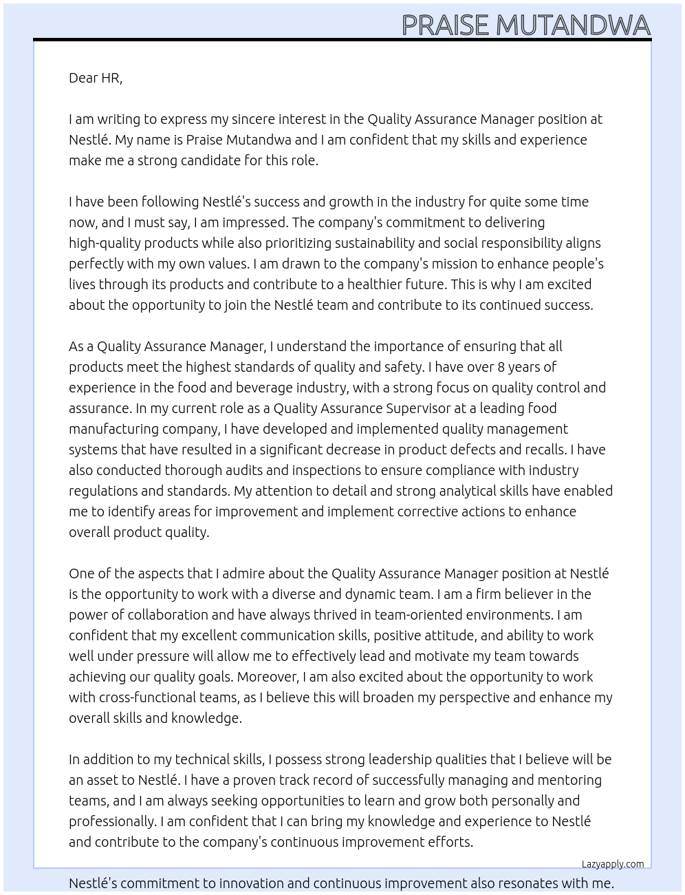 Quality Assurance Manager  At Nestlé  Cover Letter