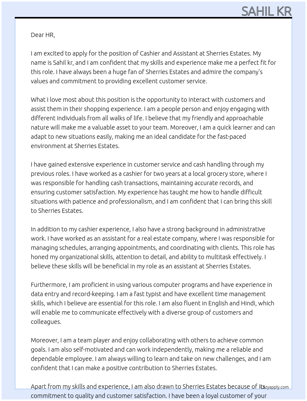 Cashier and assistant  At Sherries estates Cover Letter