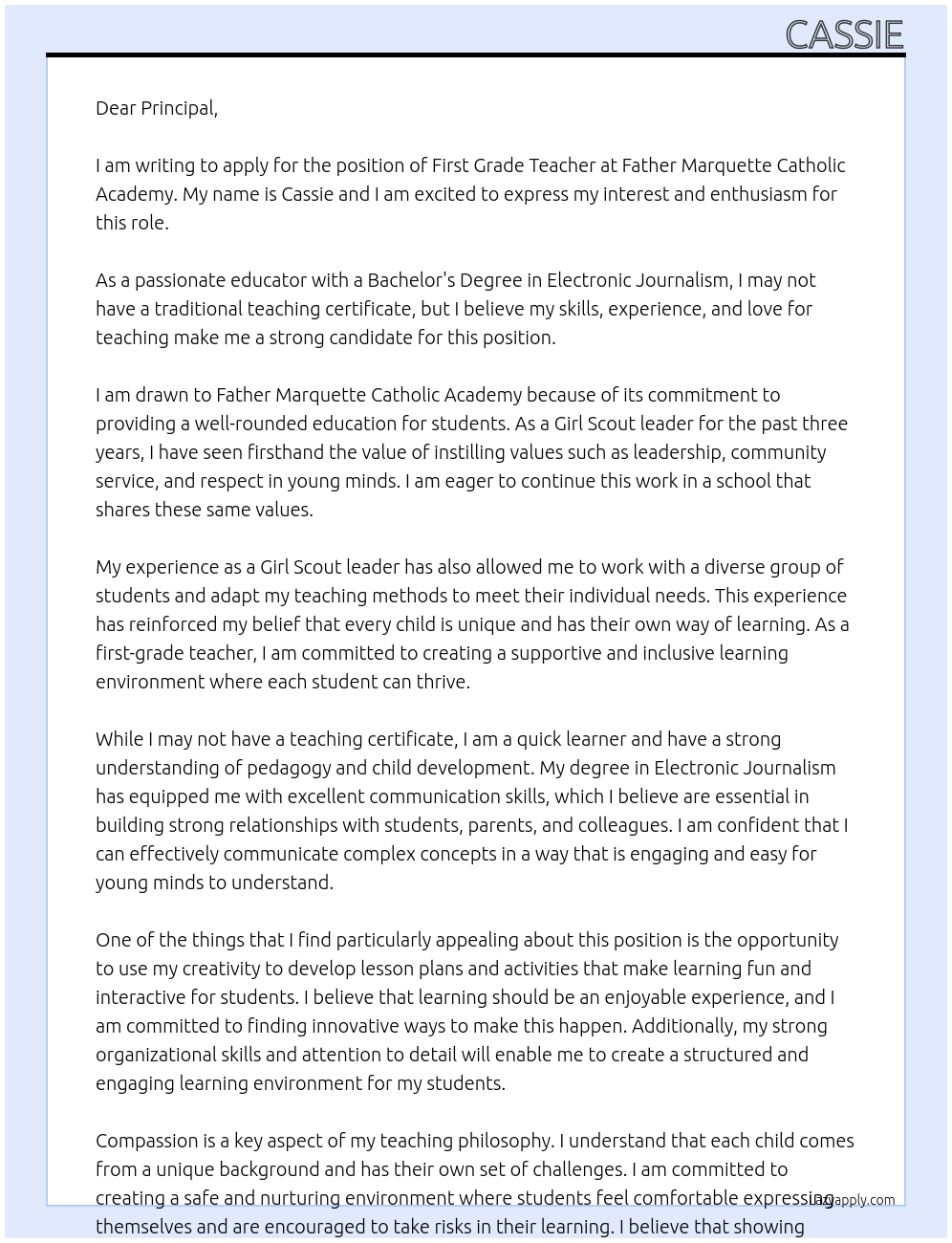 First grade teacher At Father Marquette Catholic academy  Cover Letter