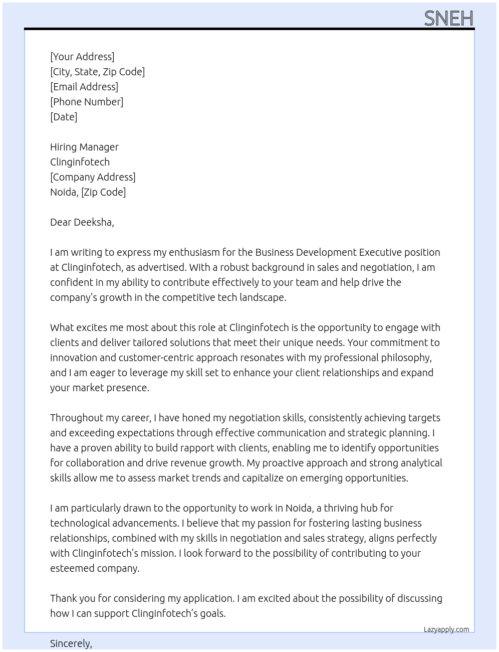 Business development executive At Clinginfotech Cover Letter