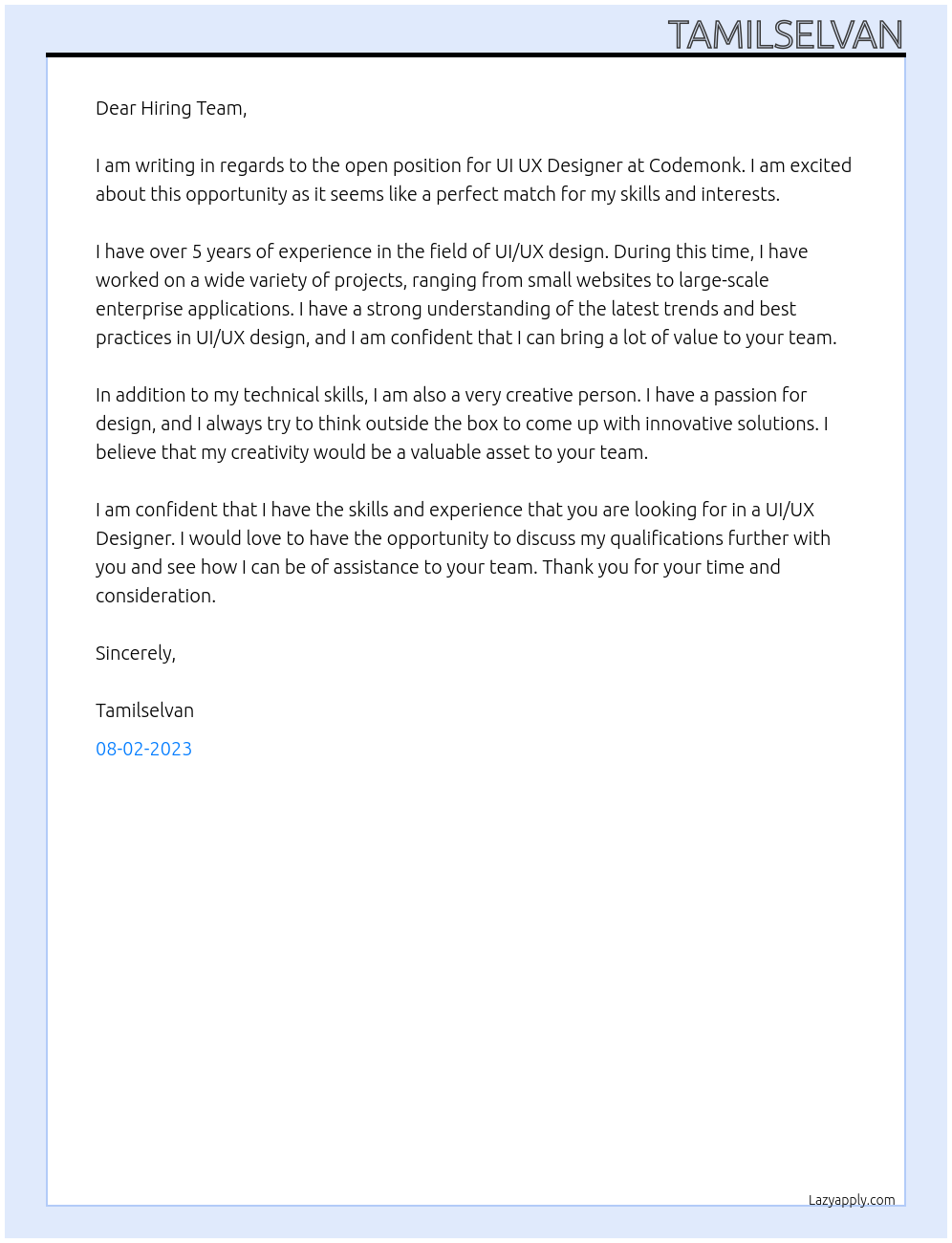 UI UX Designer At Codemonk Cover Letter