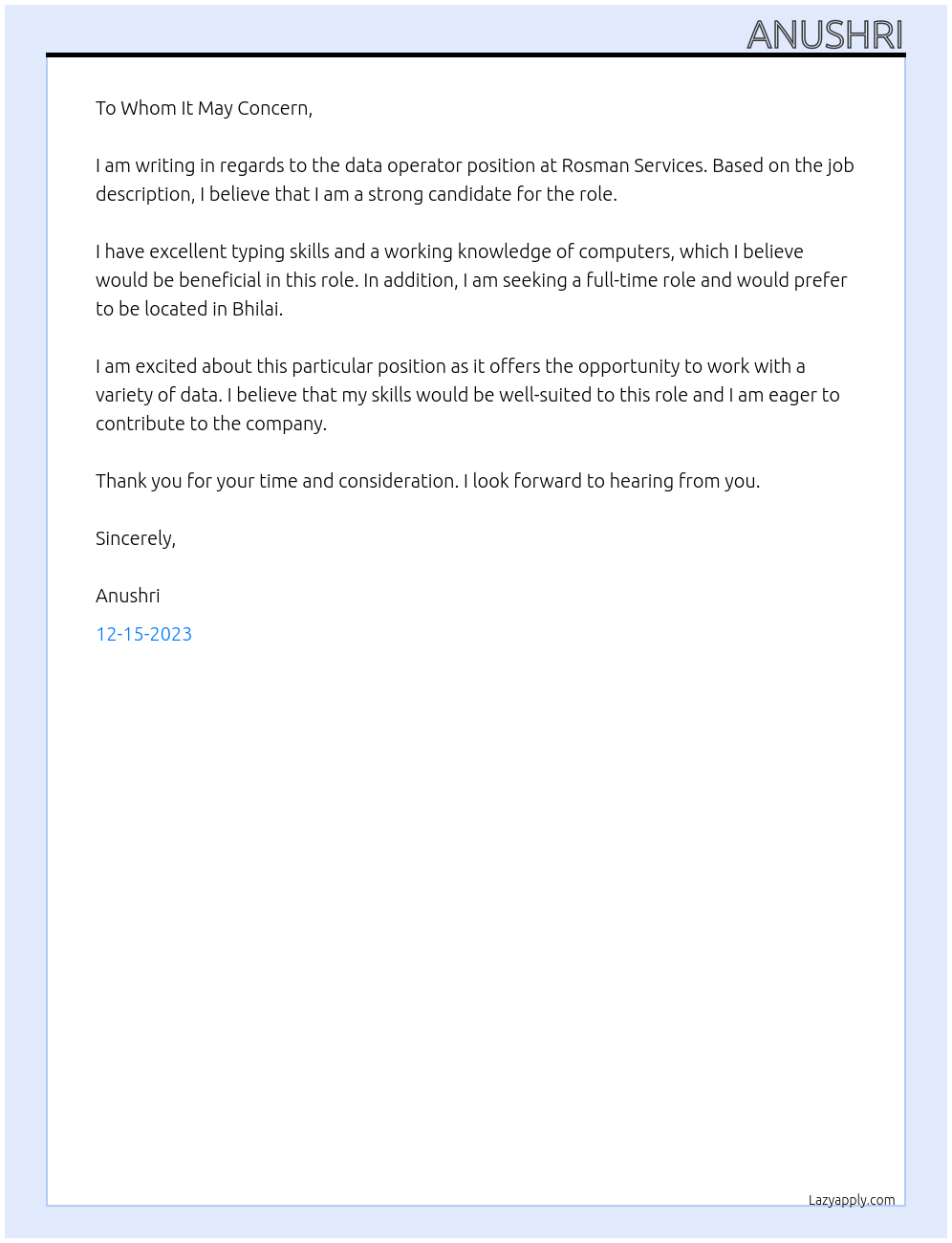 data operator At Rosman services Cover Letter