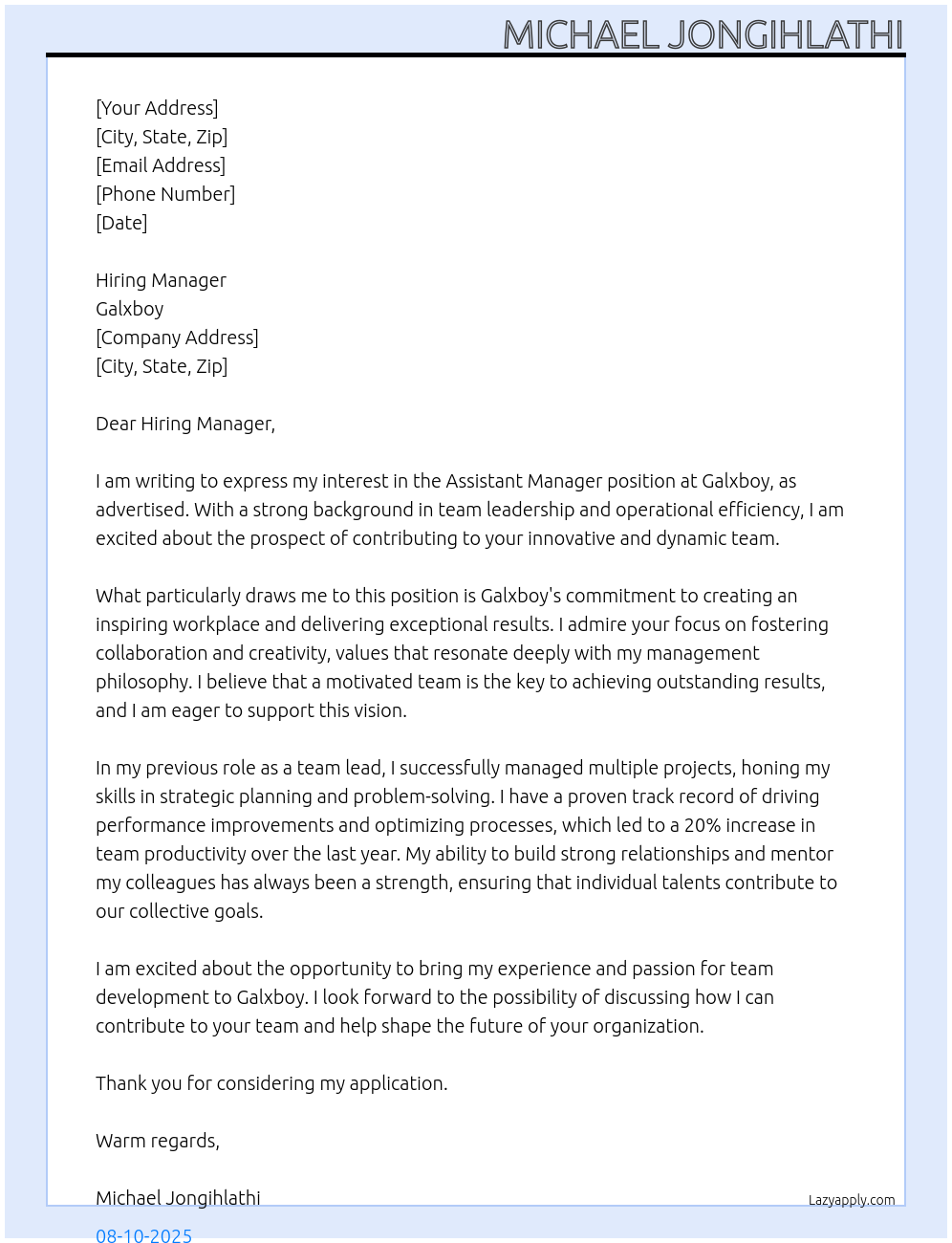 assistant manager At Galxboy Cover Letter