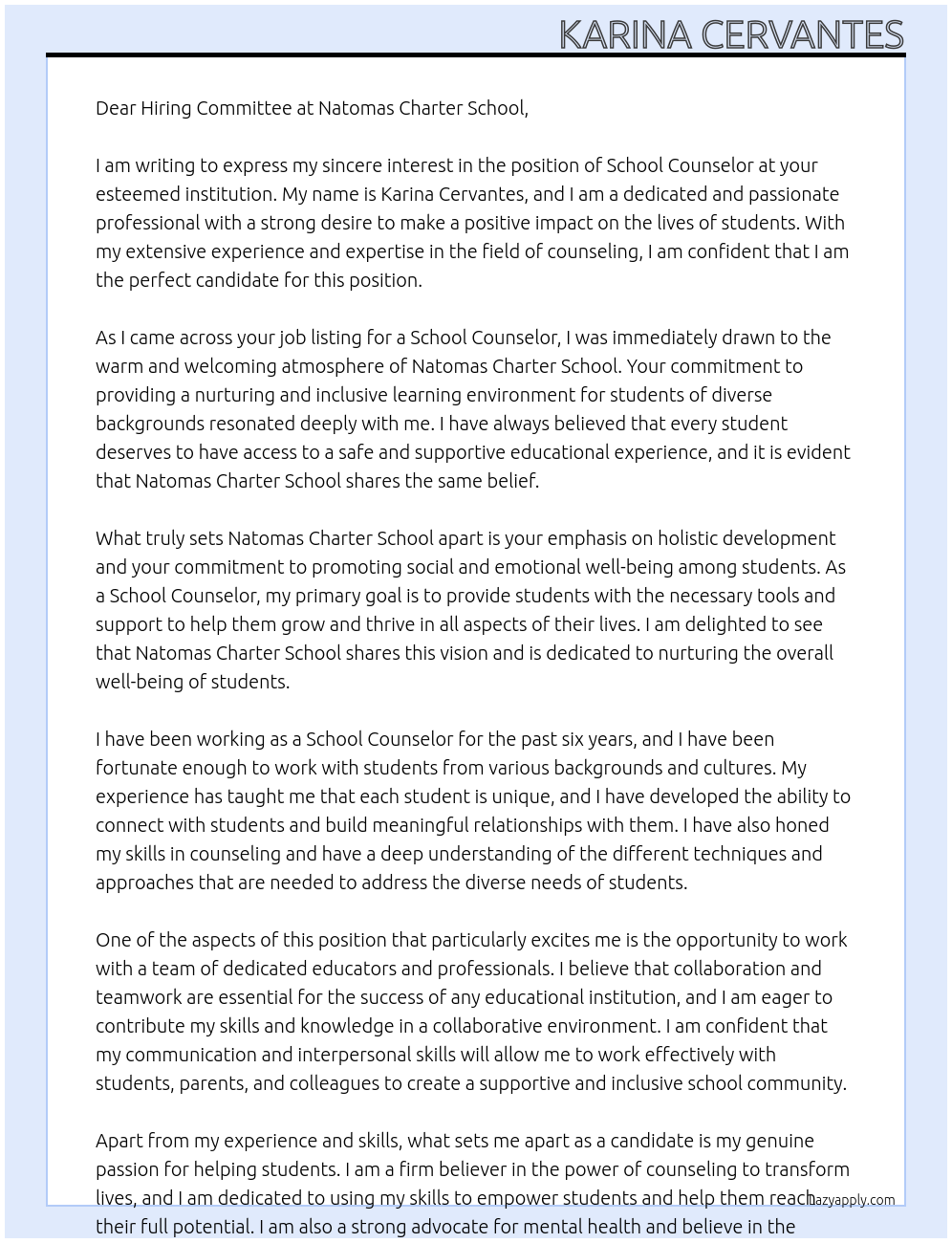 School Counselor At Natomas Charter School Cover Letter