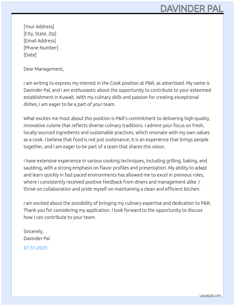 Cook  At P&R Cover Letter