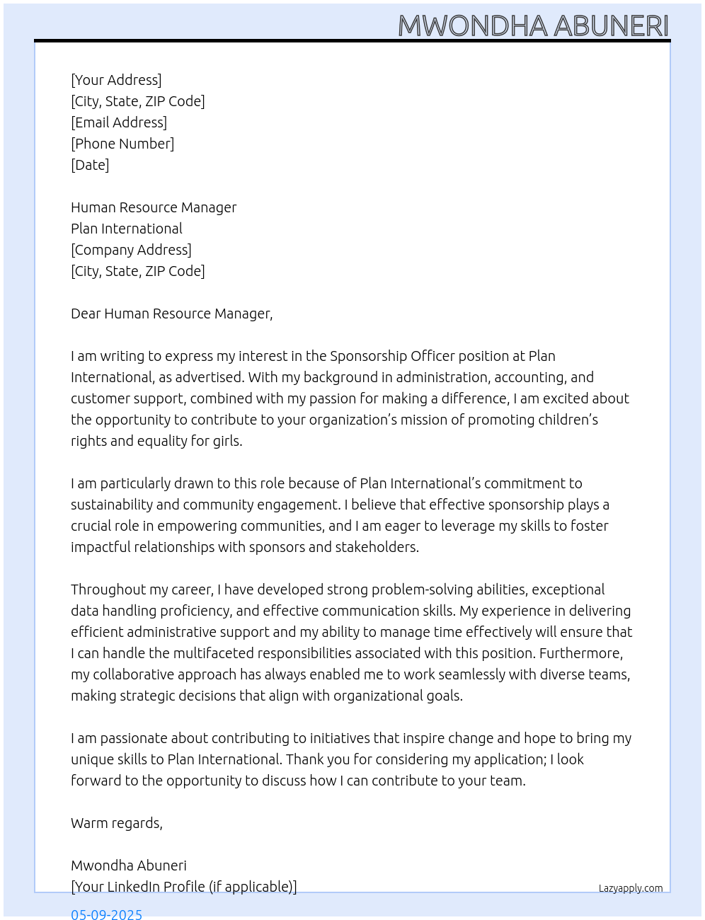 Sponsorship officer  At Plan international  Cover Letter