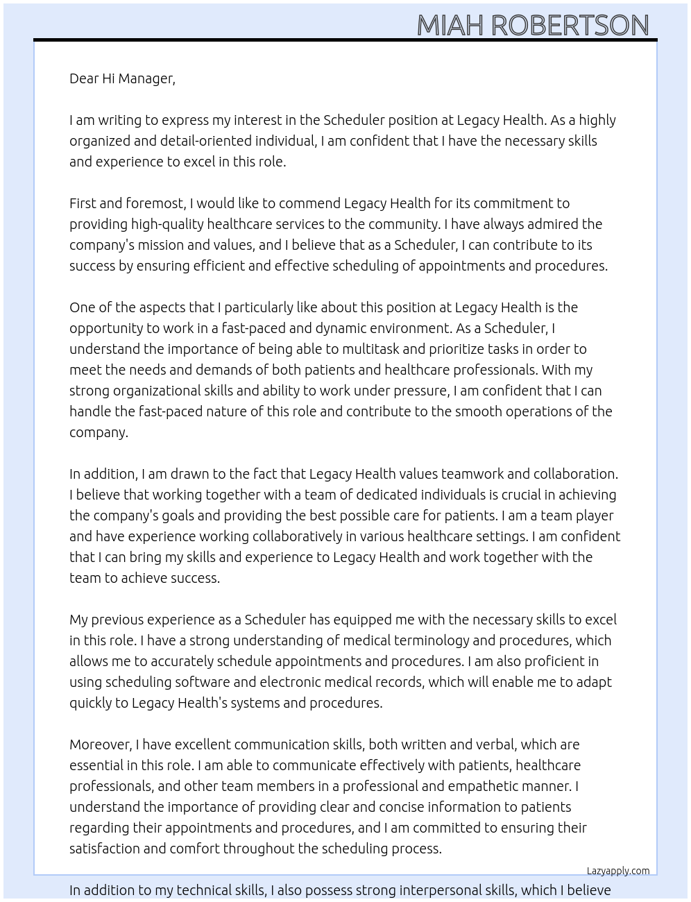 Scheduler At Legacy health Cover Letter