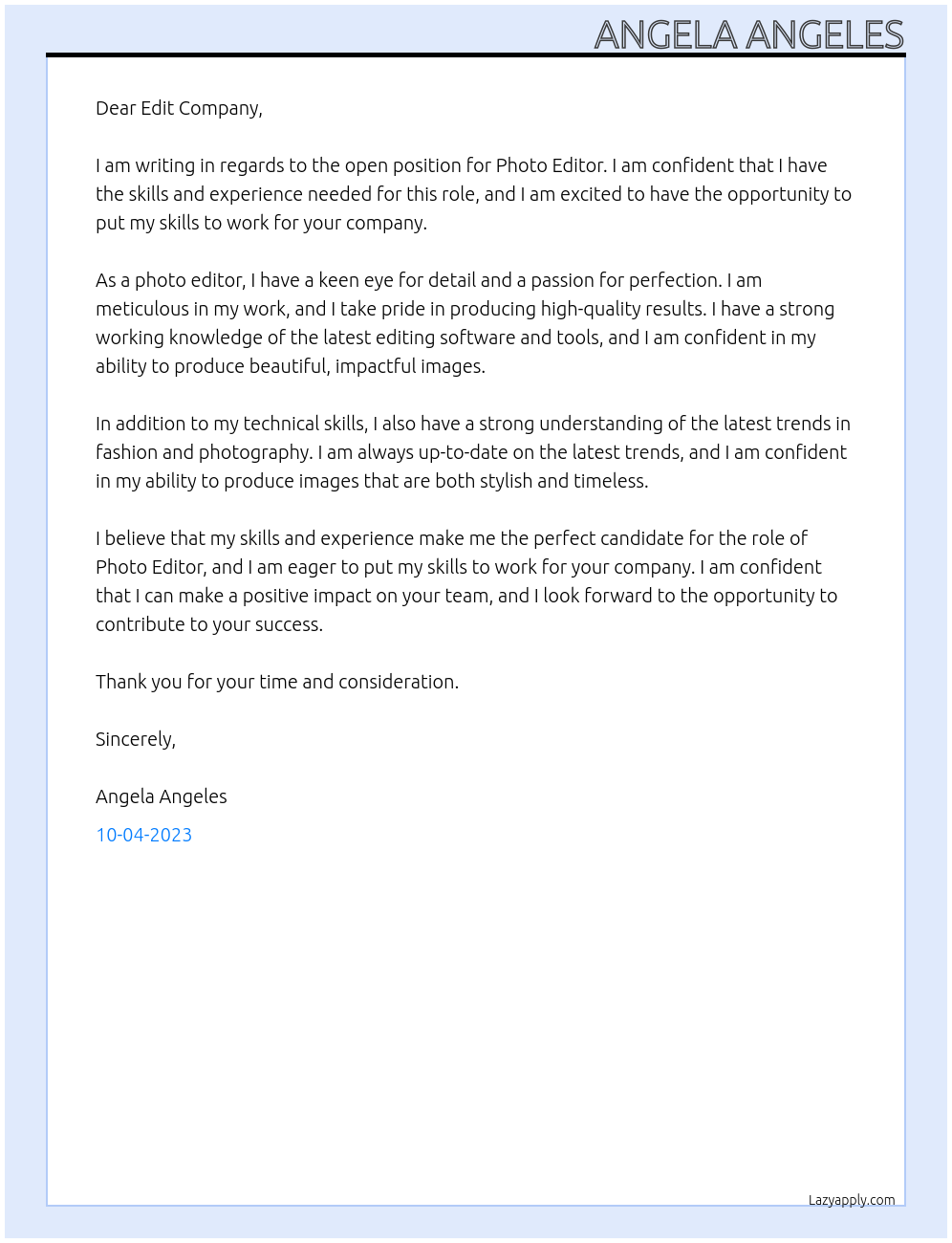 photo editor At edit company Cover Letter