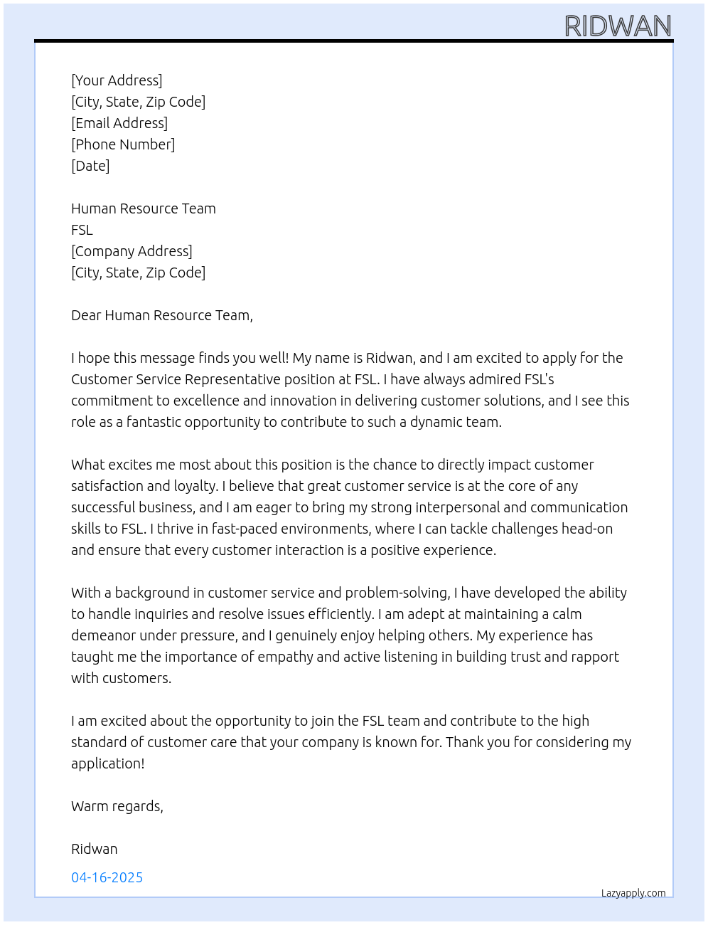 Costumer service representative At FSL Cover Letter