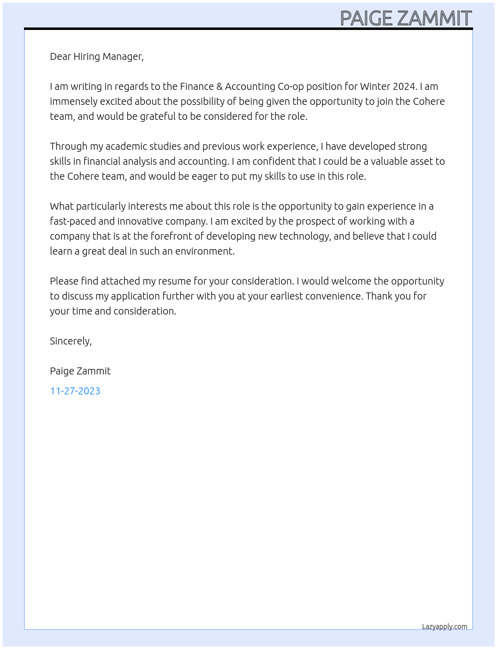 Finance & Accounting Co-op (Winter 2024) At Cohere Cover Letter