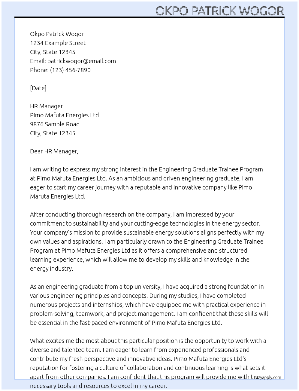 Engineering Graduate Trainee Program At Pimo Mafuta Energies Ltd Cover Letter