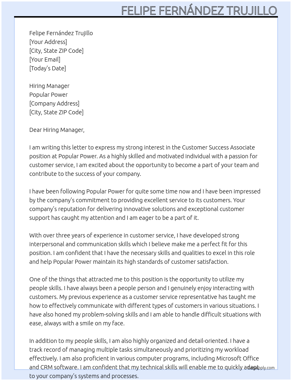 Customer Success Associate At Popular Power Cover Letter