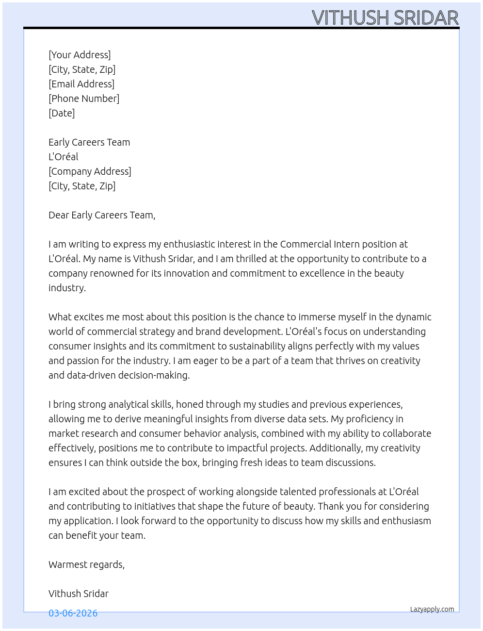 Commercial Intern At L'Oreal Cover Letter