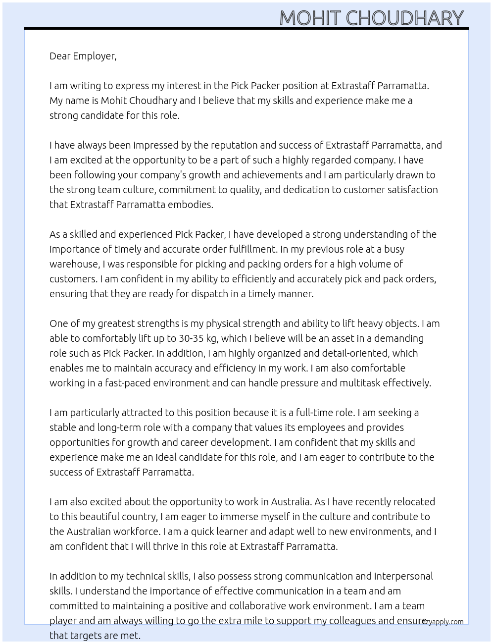 Pick Packer At Extrastaff Parramatta Cover Letter