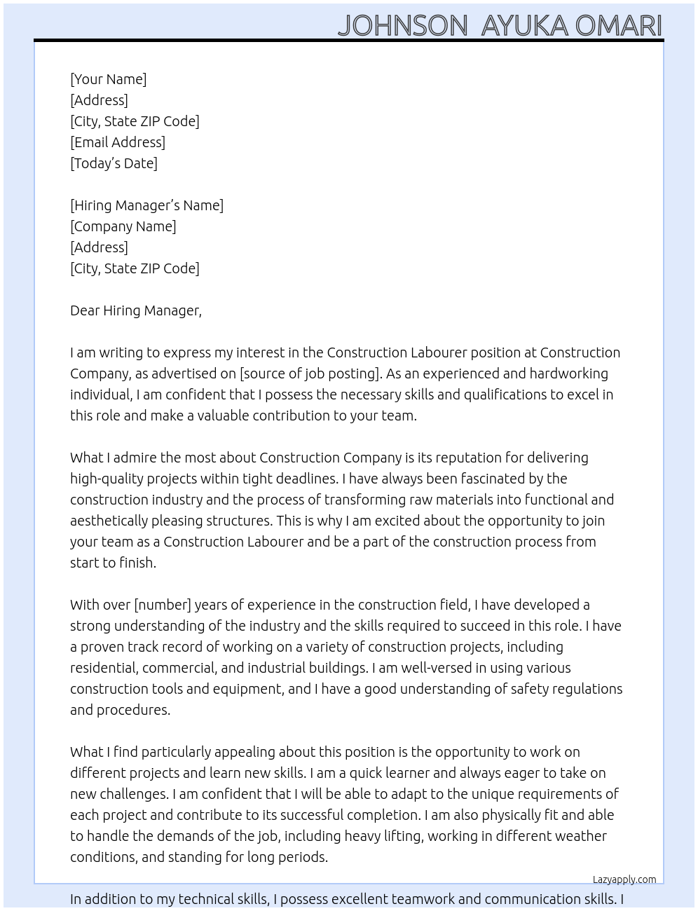 Construction Labourer At Construction Company Cover Letter