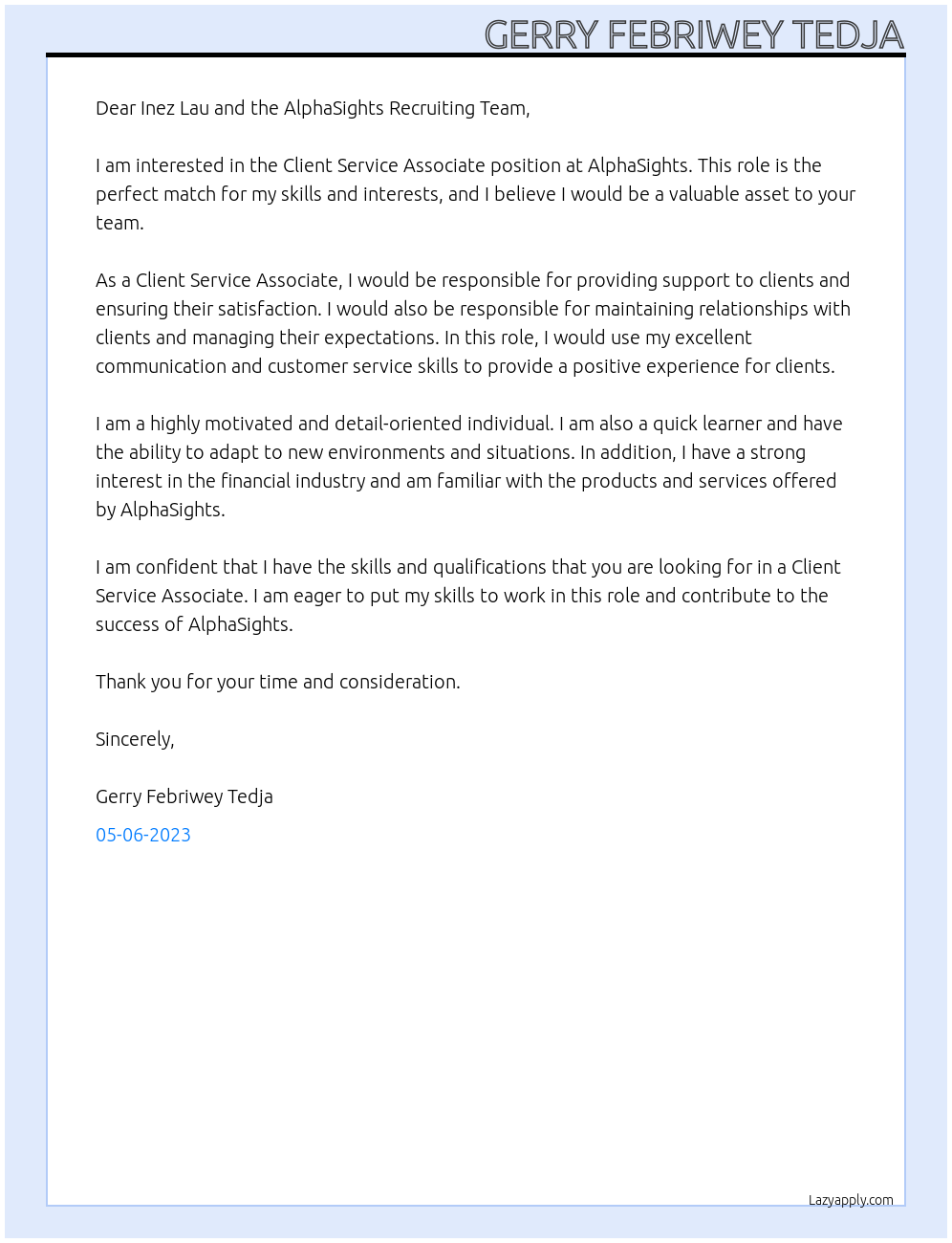 Client Service Associate At AlphaSights Cover Letter