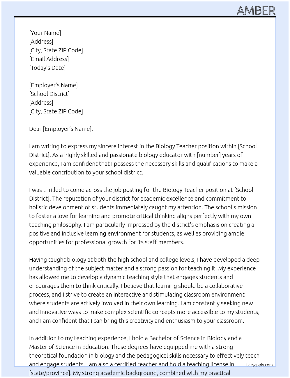 Biology Teacher At School District Cover Letter
