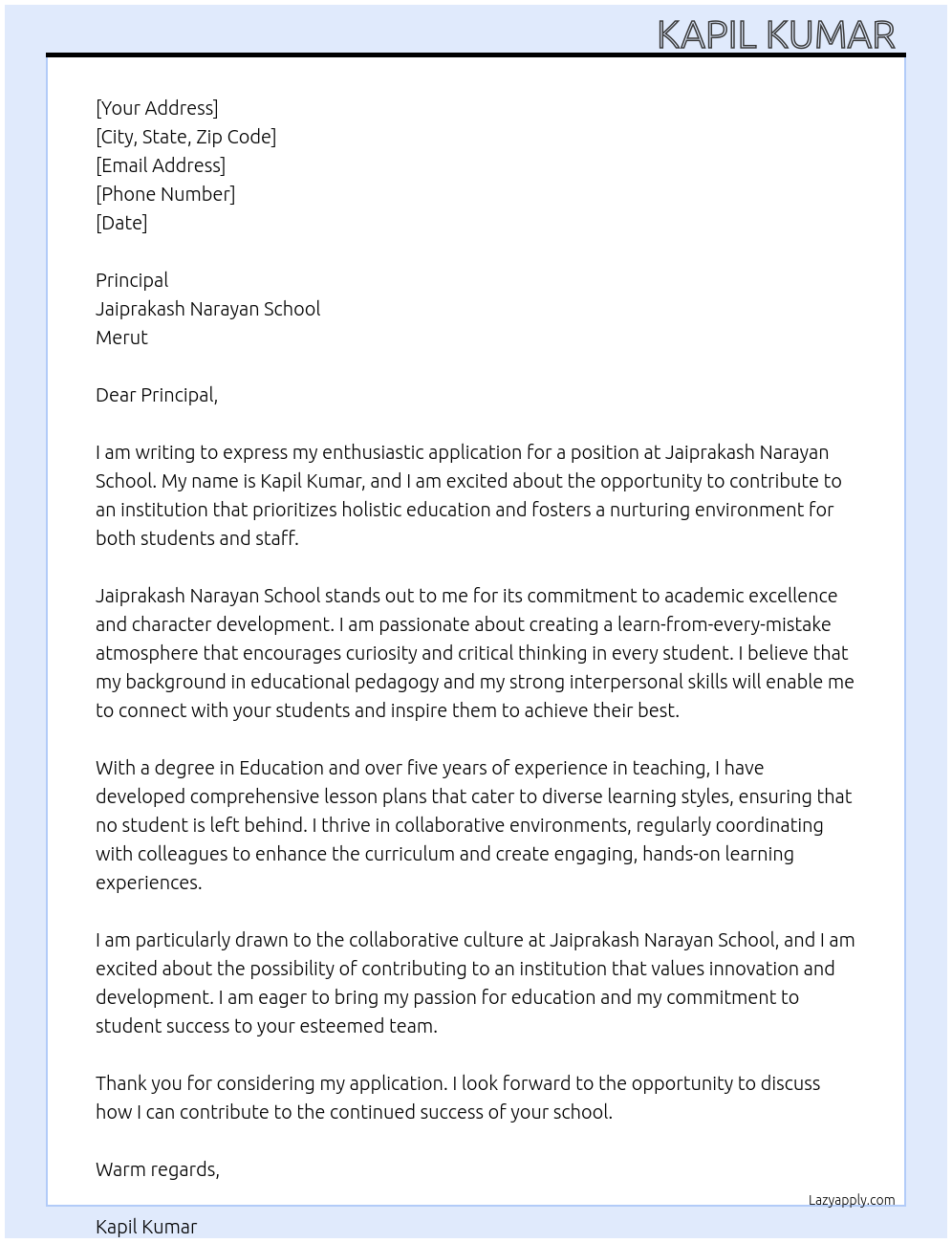 Cover letter for school - LazyApply