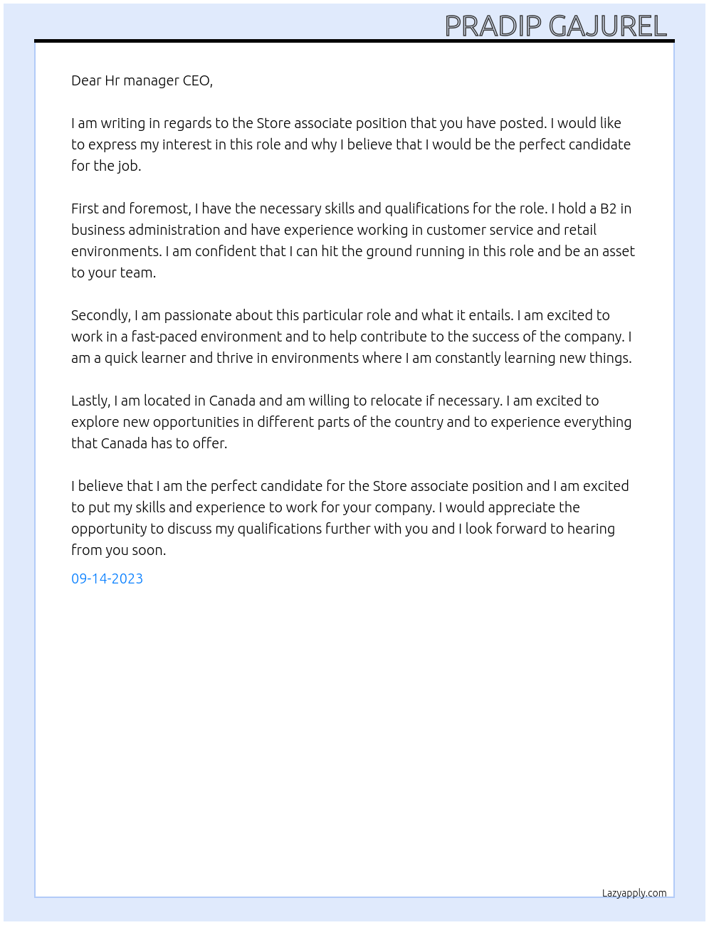 Store associate At Store associate Cover Letter