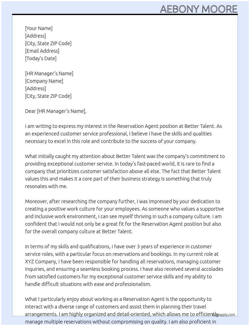 reservation agent  At Better Talent Cover Letter