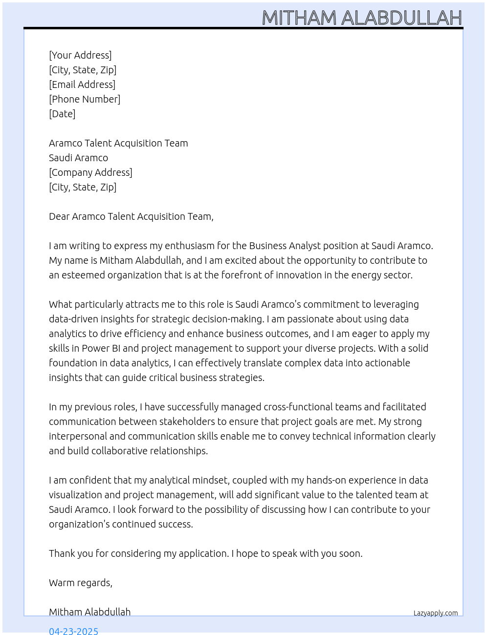 Business analyst At Saudi Aramco Cover Letter