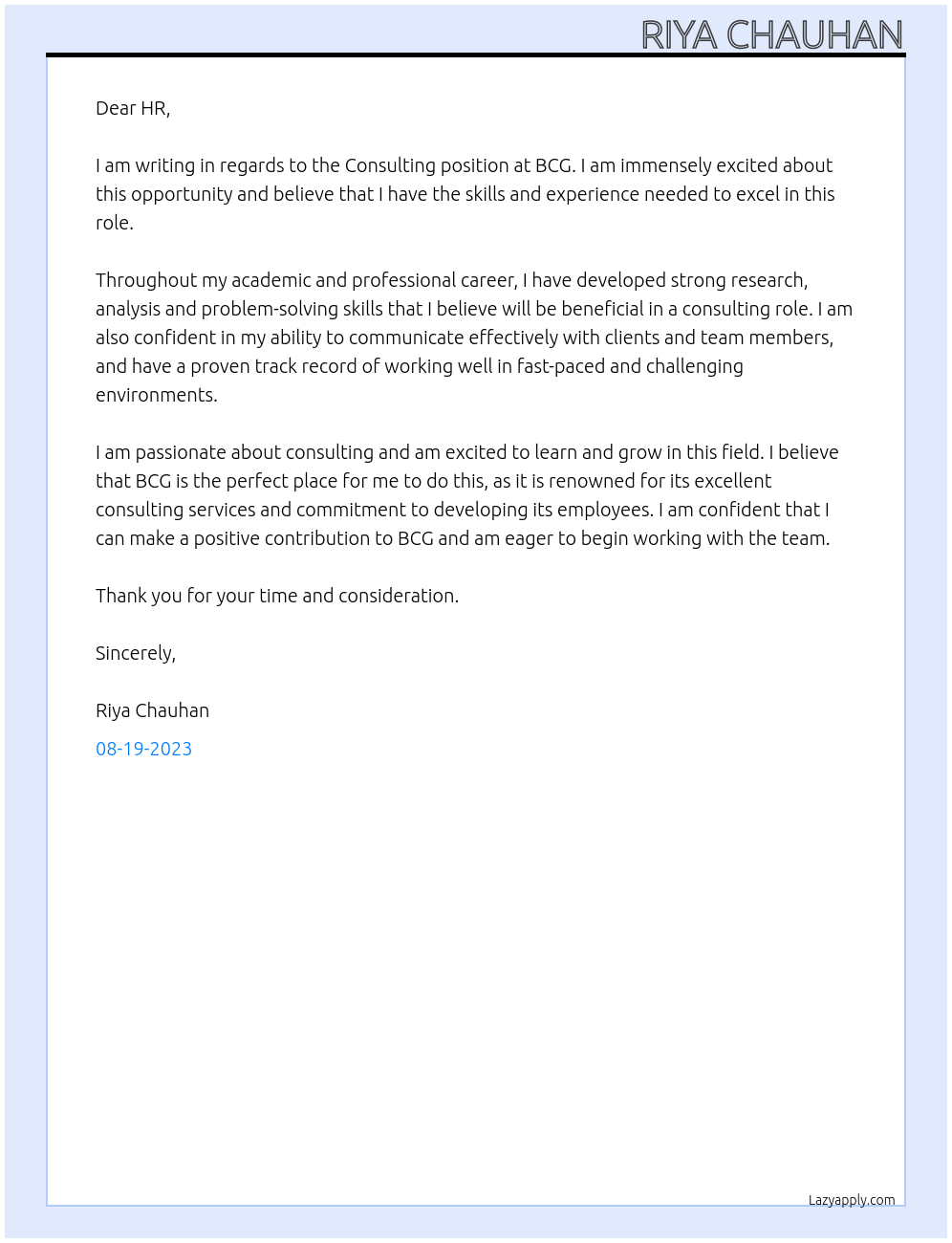 Consulting At BCG Cover Letter