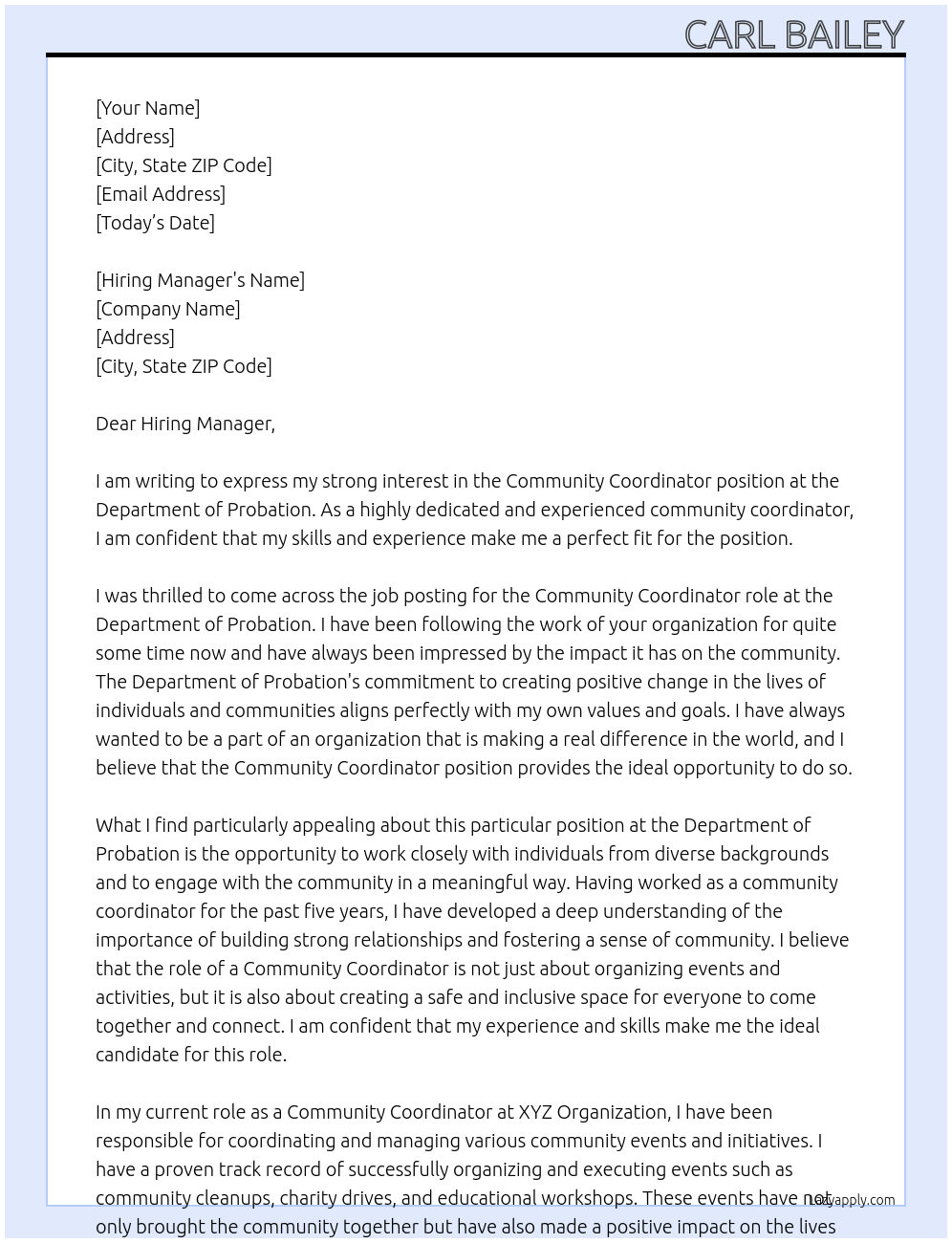 Community Coordinator  At Department of Probation  Cover Letter