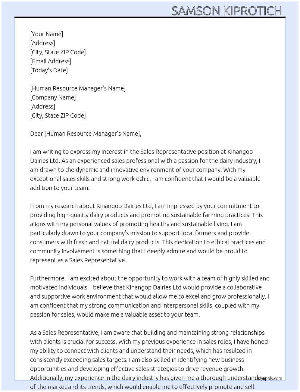 Sales representative At Kinangop dairies ltd Cover Letter