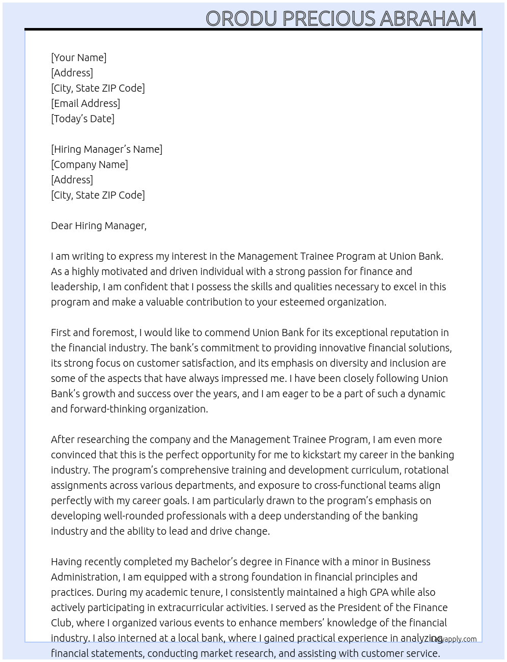 Management Trainee Program  At Union Bank  Cover Letter