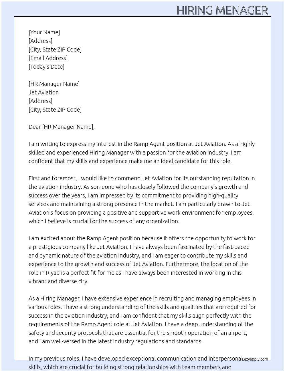 Ramp agent At Jet aviation Cover Letter