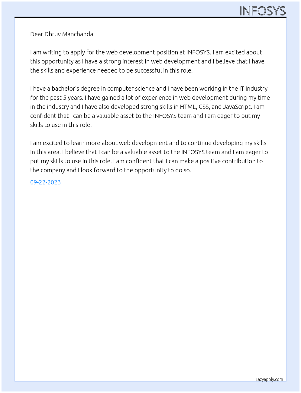 web development At INFOSYS Cover Letter