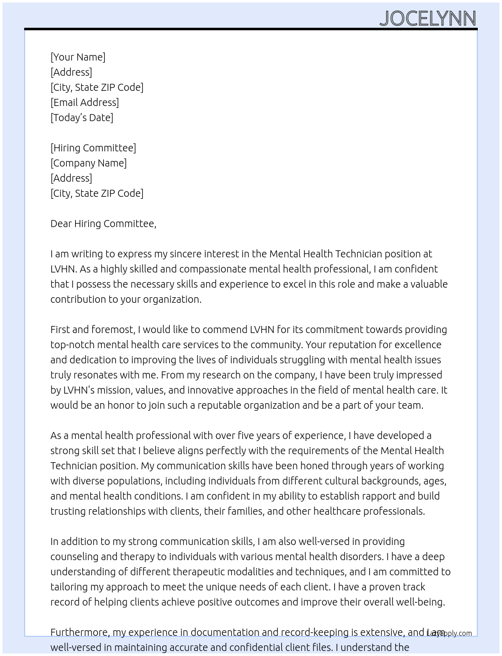 Cover letter for mental health technician - LazyApply