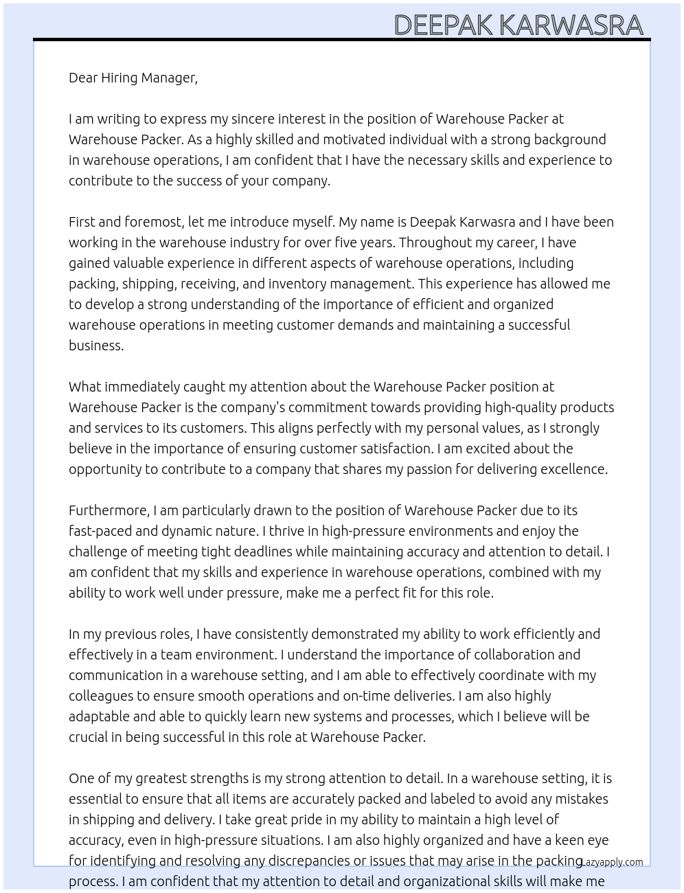 Warehouse packer At Warehouse packer Cover Letter