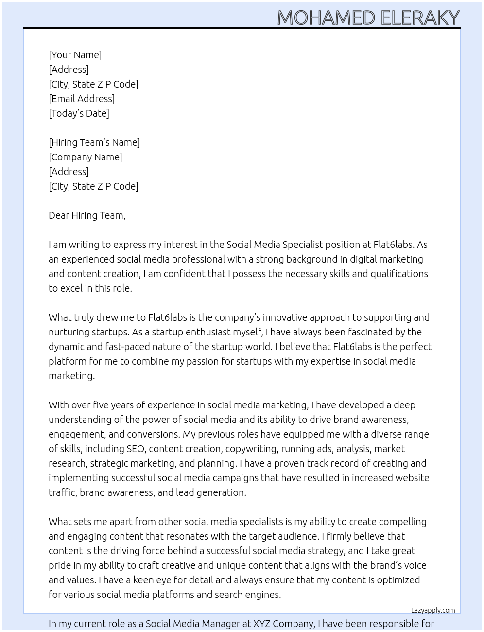 Social media specialist At Flat6labs Cover Letter