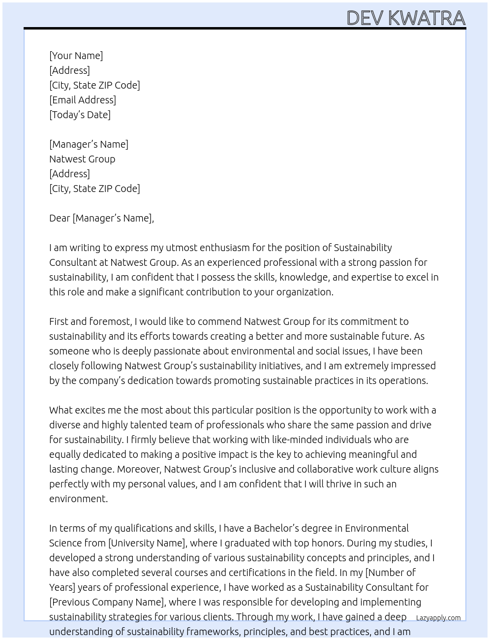 sustainability consultant At Natwest Group Cover Letter