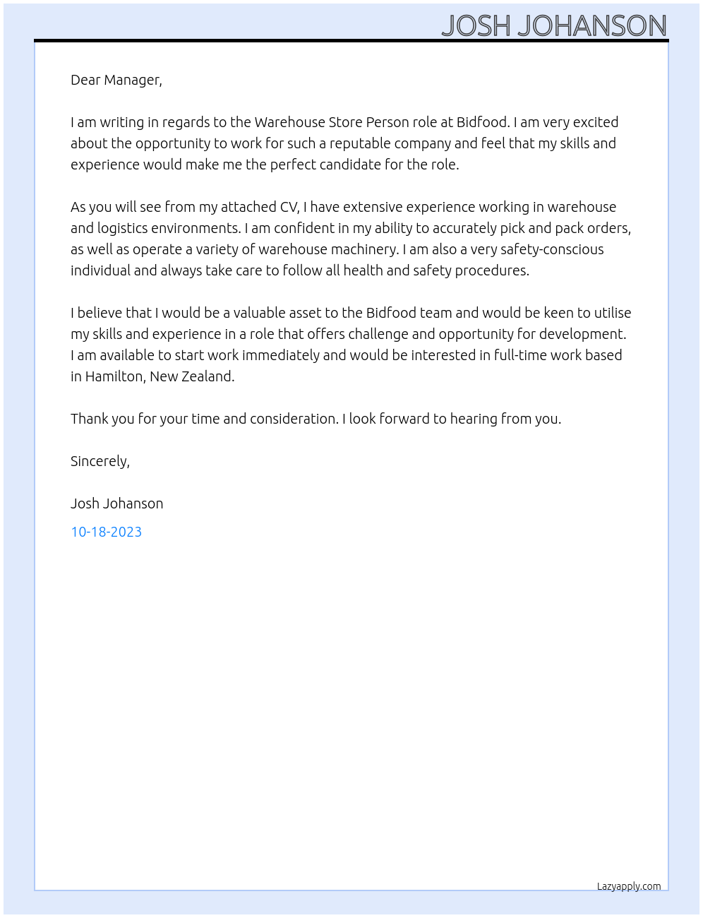 Warehouse Store Person At Bidfood Cover Letter