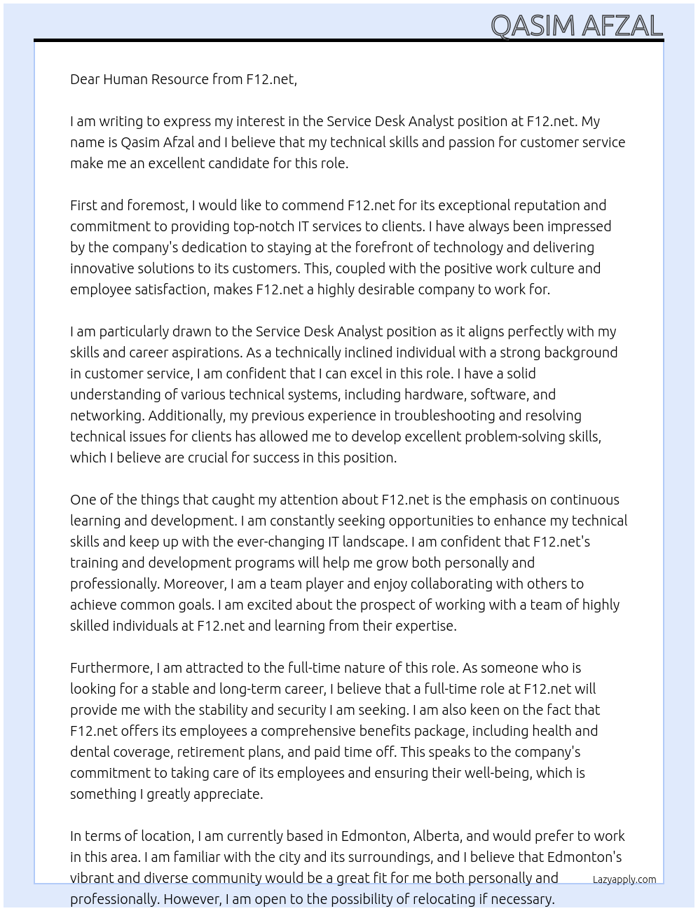 service desk analyst At F12.net Cover Letter