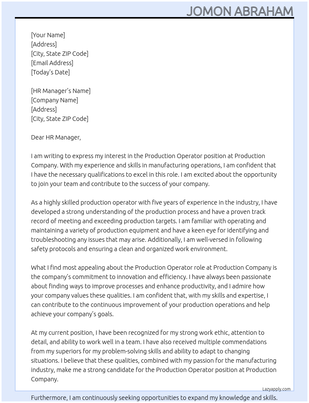 PRODUCTION OPERATOR At PRODUCTION COMPANY Cover Letter