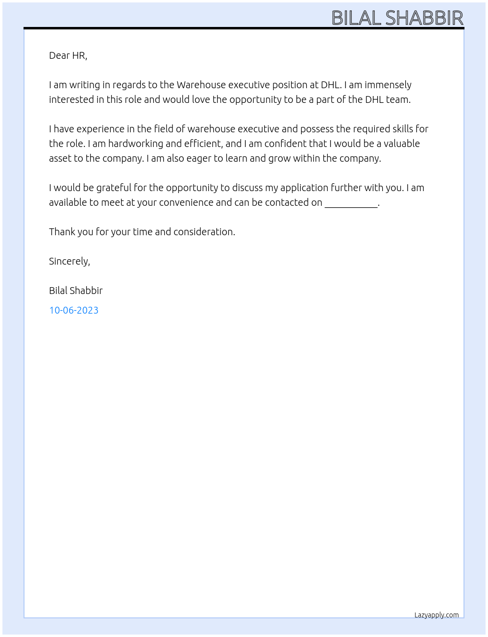 Warehouse executive At DHL Cover Letter