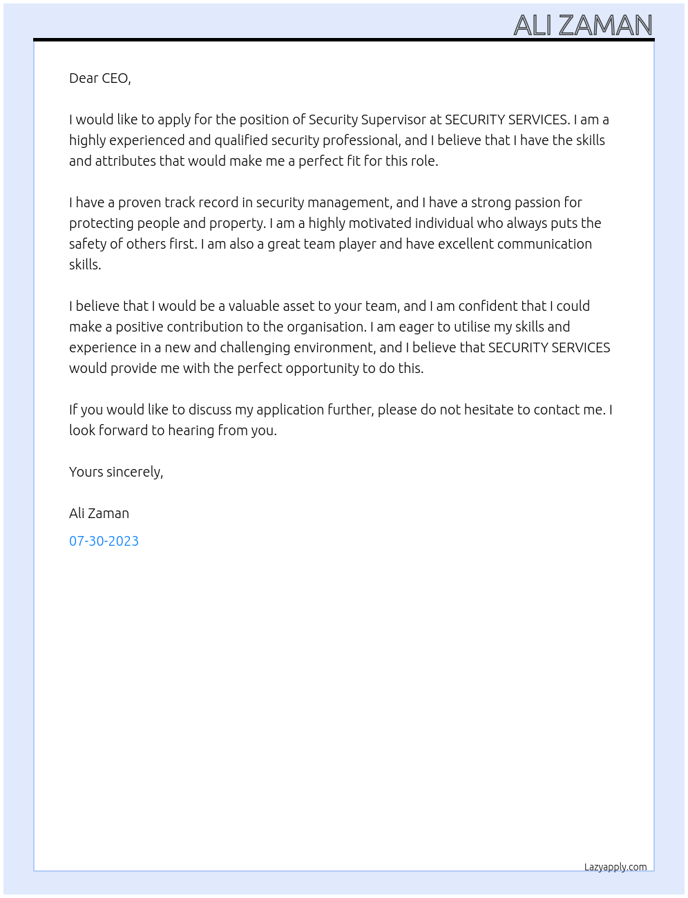 SECURITY SUPERVISOR At SECURITY SERVICES Cover Letter