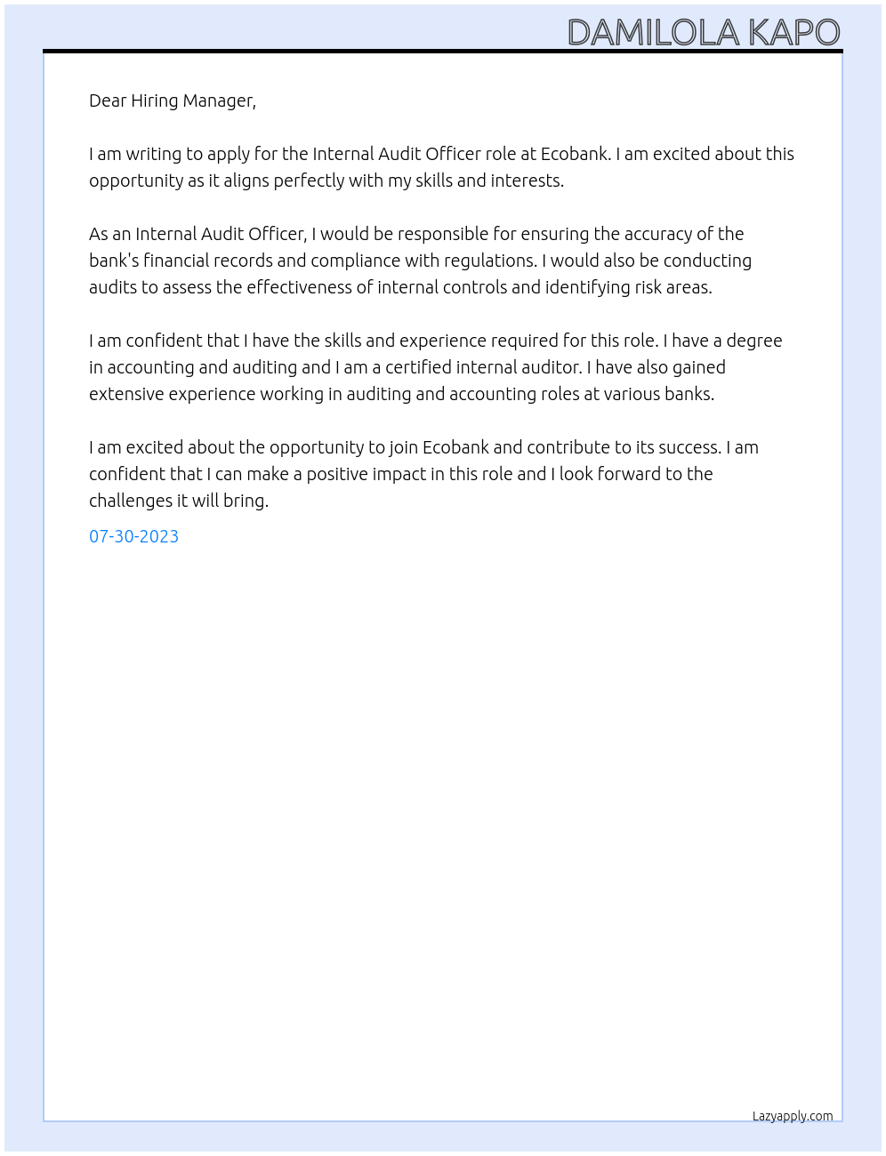 Internal Audit Officer At Ecobank Cover Letter