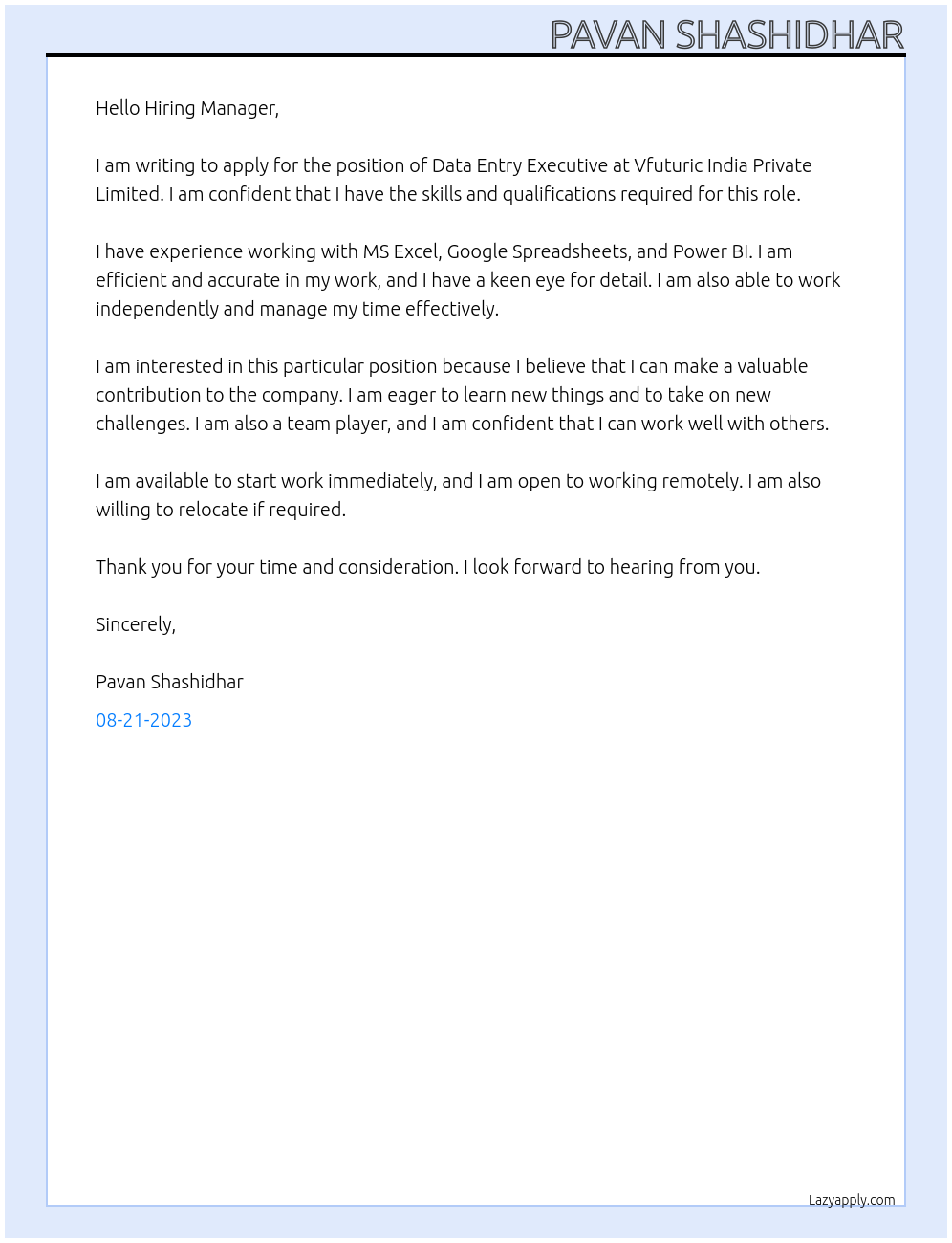 Data Entry Executive At Vfuturic India Private Limited Cover Letter