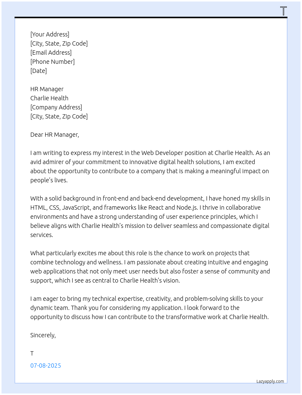 Web Developer At Charlie Health Cover Letter