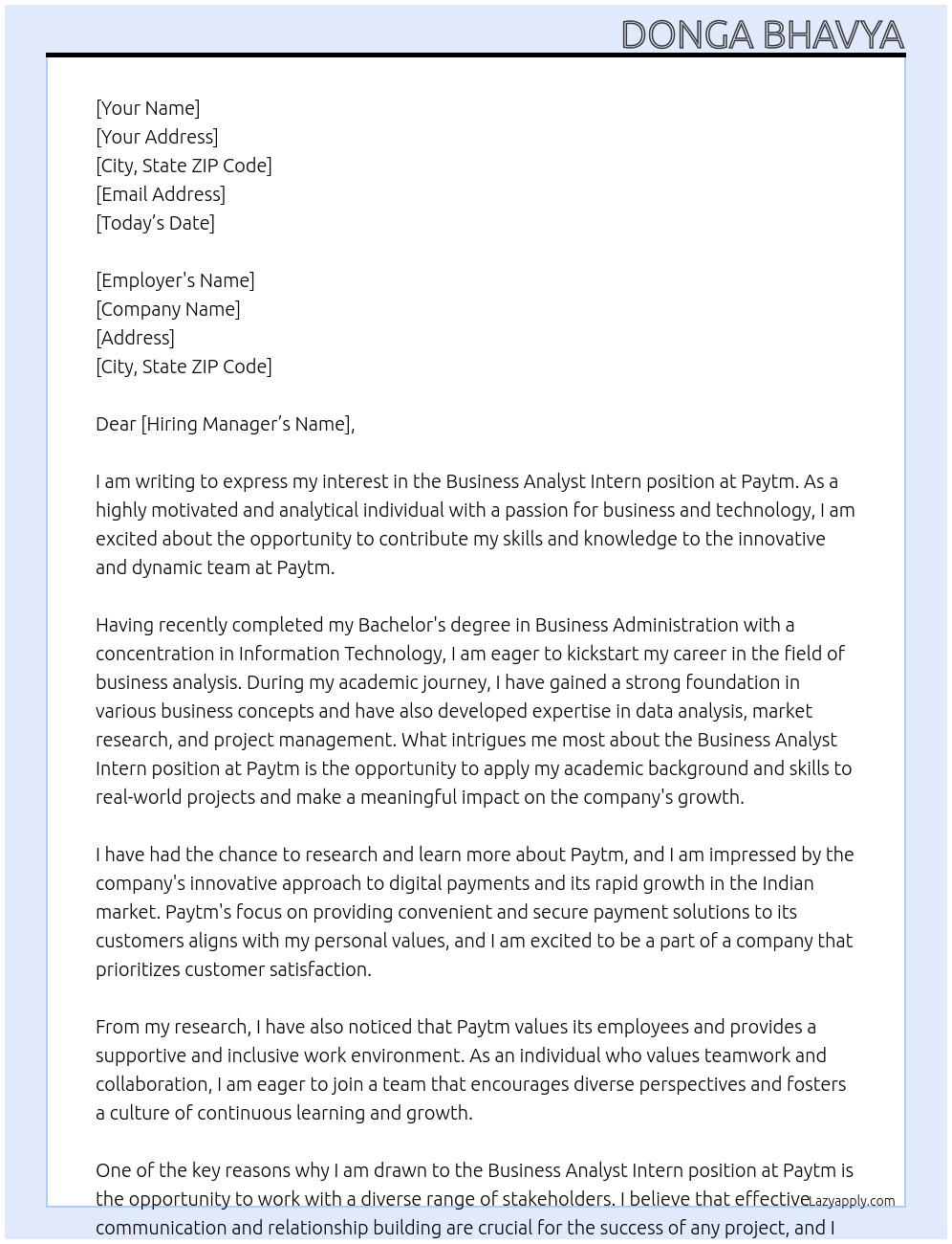Business Analyst intern At Paytm Cover Letter