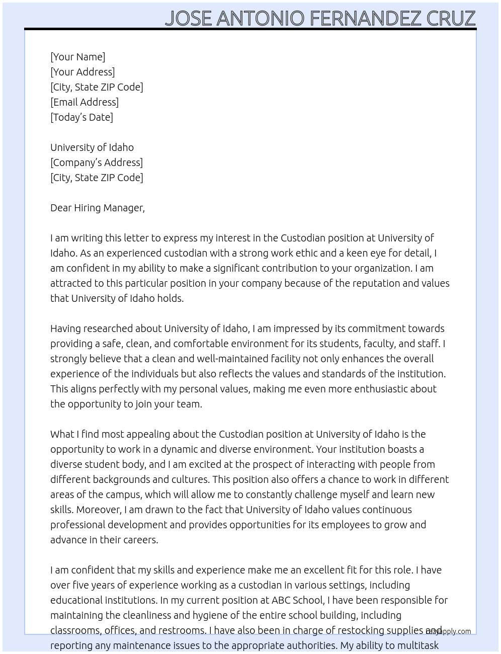 Custodian At University of Idaho Cover Letter