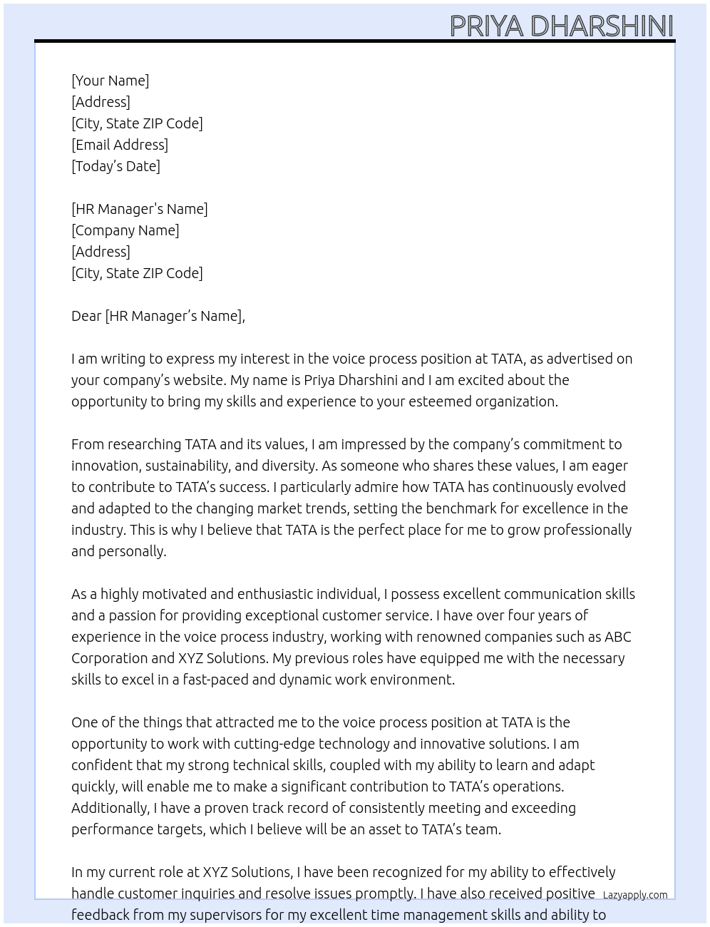 voice process At TATA Cover Letter