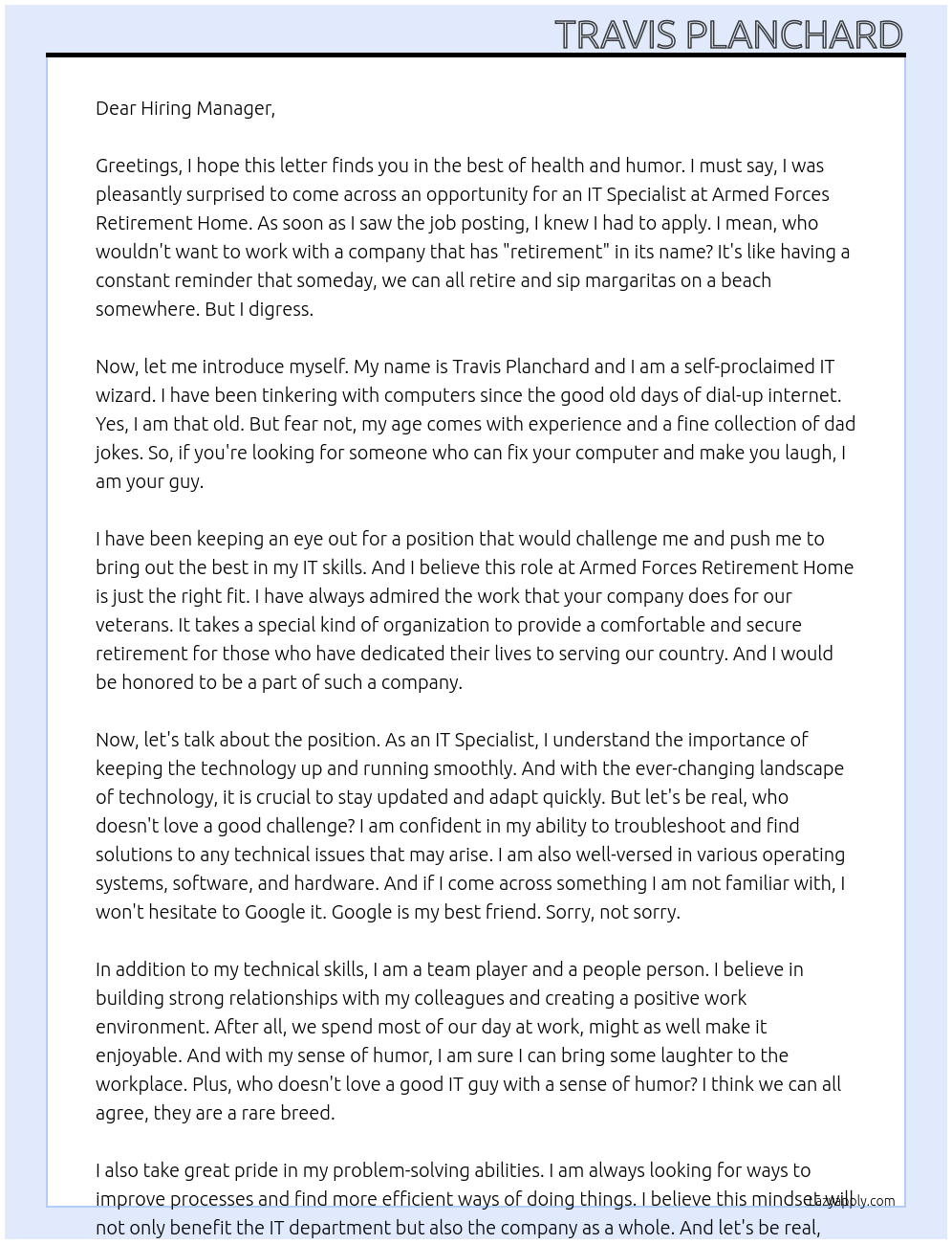 IT Specialist At Armed Forces Retirement Home Cover Letter