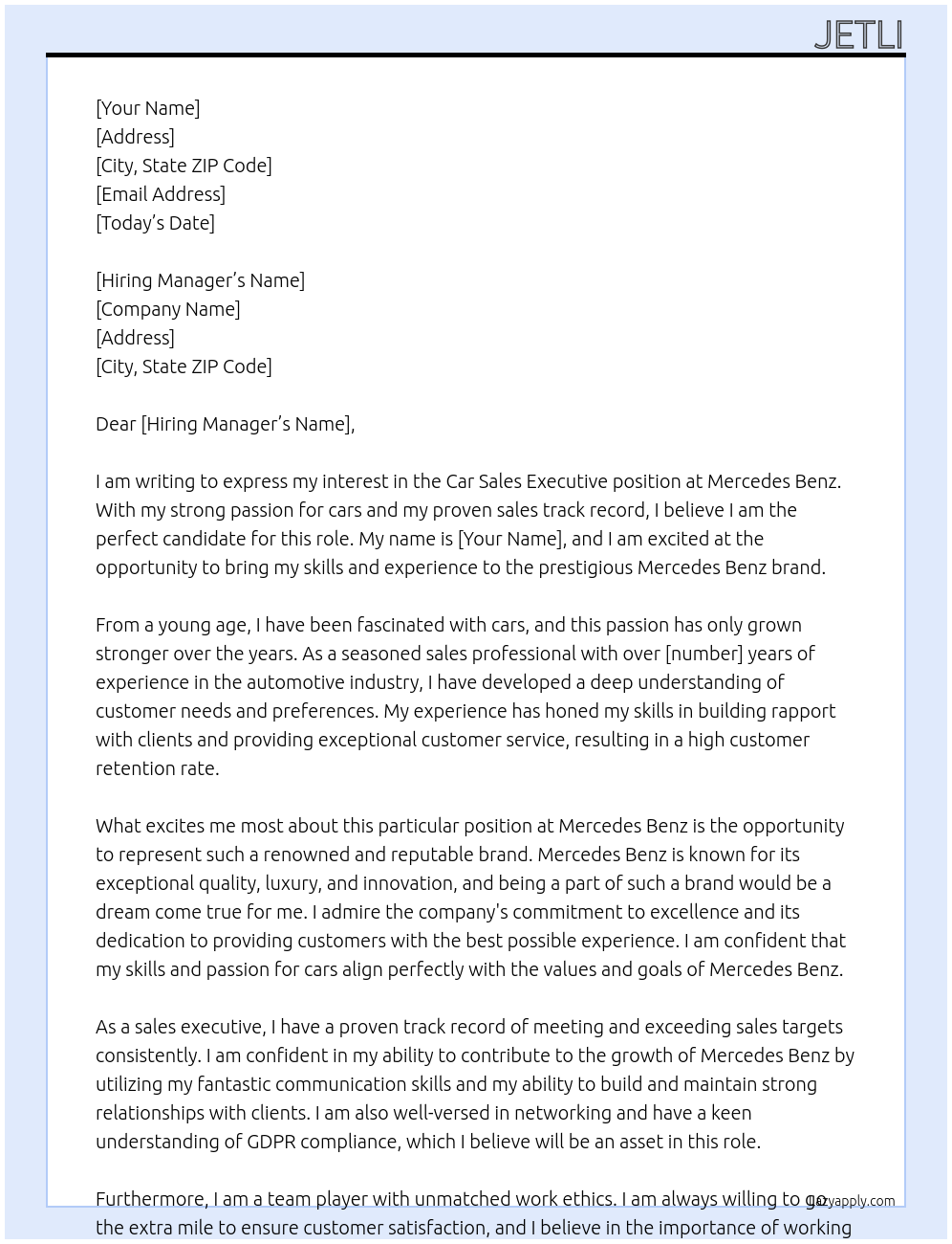 car sales executive At mercedes benz Cover Letter