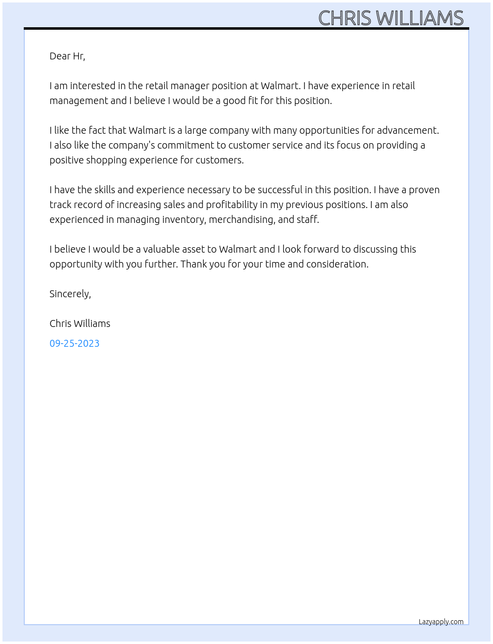 Retail manager At Walmart Cover Letter