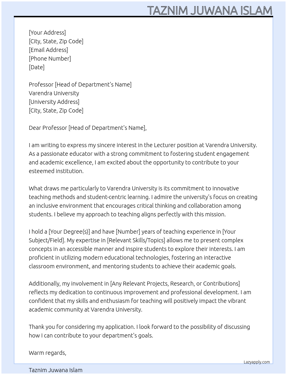 Cover letter for lecturer - LazyApply